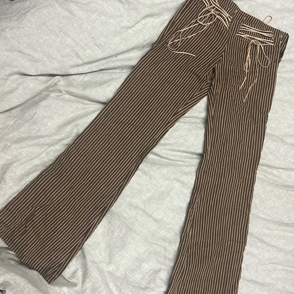 Y2K style. Bebe. brown stripe low rise flair pants with ties